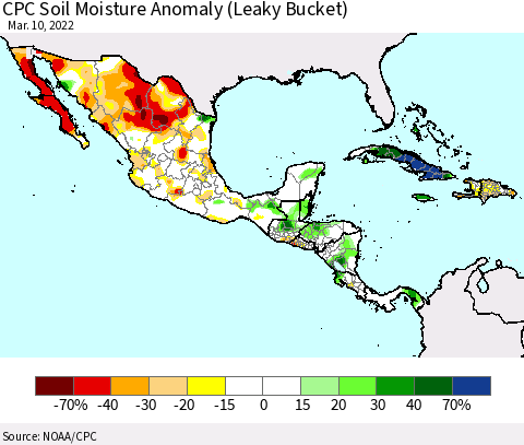 Mexico Central America and the Caribbean CPC Soil Moisture Anomaly (Leaky Bucket) Thematic Map For 3/6/2022 - 3/10/2022