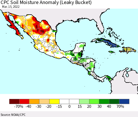 Mexico Central America and the Caribbean CPC Soil Moisture Anomaly (Leaky Bucket) Thematic Map For 3/11/2022 - 3/15/2022