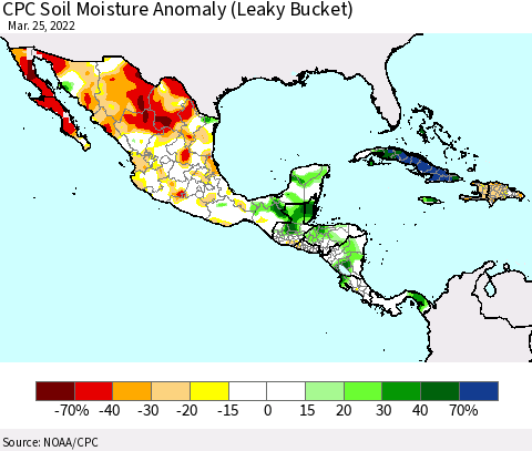 Mexico Central America and the Caribbean CPC Soil Moisture Anomaly (Leaky Bucket) Thematic Map For 3/21/2022 - 3/25/2022