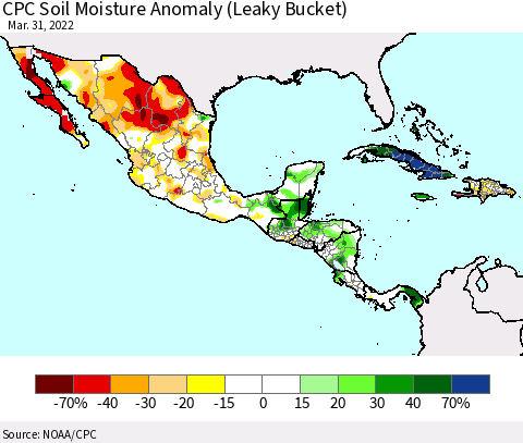 Mexico Central America and the Caribbean CPC Soil Moisture Anomaly (Leaky Bucket) Thematic Map For 3/26/2022 - 3/31/2022