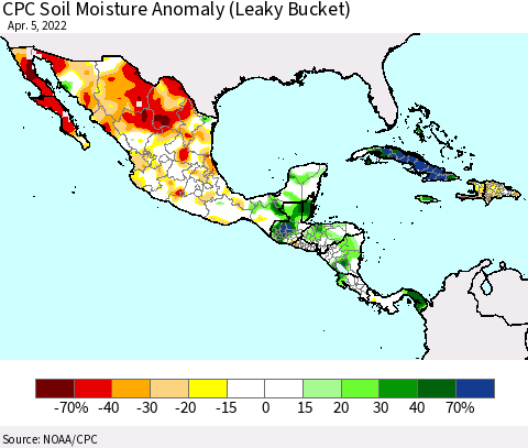 Mexico Central America and the Caribbean CPC Soil Moisture Anomaly (Leaky Bucket) Thematic Map For 4/1/2022 - 4/5/2022