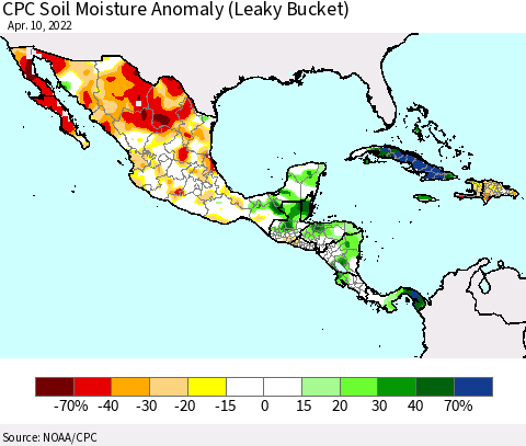 Mexico Central America and the Caribbean CPC Soil Moisture Anomaly (Leaky Bucket) Thematic Map For 4/6/2022 - 4/10/2022