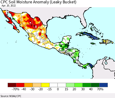 Mexico Central America and the Caribbean CPC Soil Moisture Anomaly (Leaky Bucket) Thematic Map For 4/16/2022 - 4/20/2022