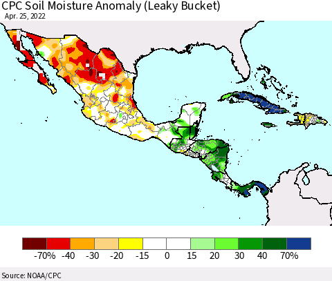 Mexico Central America and the Caribbean CPC Soil Moisture Anomaly (Leaky Bucket) Thematic Map For 4/21/2022 - 4/25/2022