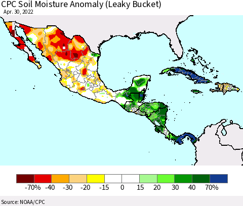 Mexico Central America and the Caribbean CPC Soil Moisture Anomaly (Leaky Bucket) Thematic Map For 4/26/2022 - 4/30/2022