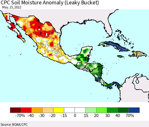 Mexico Central America and the Caribbean CPC Soil Moisture Anomaly (Leaky Bucket) Thematic Map For 5/11/2022 - 5/15/2022