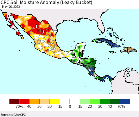 Mexico Central America and the Caribbean CPC Soil Moisture Anomaly (Leaky Bucket) Thematic Map For 5/16/2022 - 5/20/2022