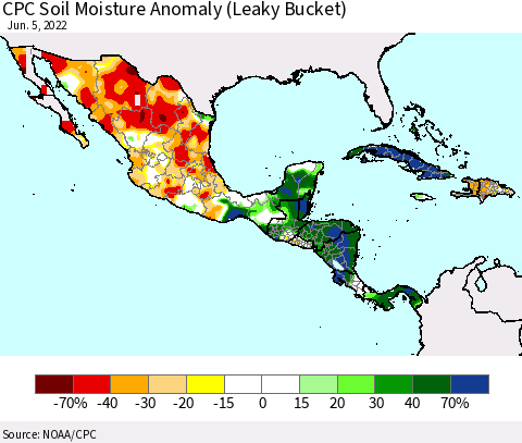 Mexico Central America and the Caribbean CPC Soil Moisture Anomaly (Leaky Bucket) Thematic Map For 6/1/2022 - 6/5/2022