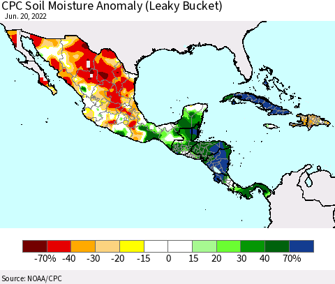 Mexico Central America and the Caribbean CPC Soil Moisture Anomaly (Leaky Bucket) Thematic Map For 6/16/2022 - 6/20/2022