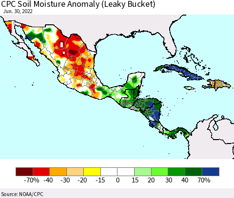 Mexico Central America and the Caribbean CPC Soil Moisture Anomaly (Leaky Bucket) Thematic Map For 6/26/2022 - 6/30/2022