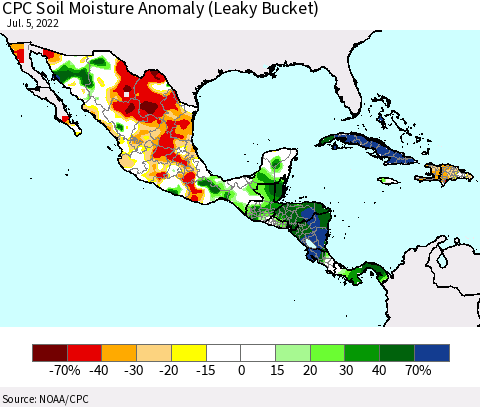 Mexico Central America and the Caribbean CPC Soil Moisture Anomaly (Leaky Bucket) Thematic Map For 7/1/2022 - 7/5/2022