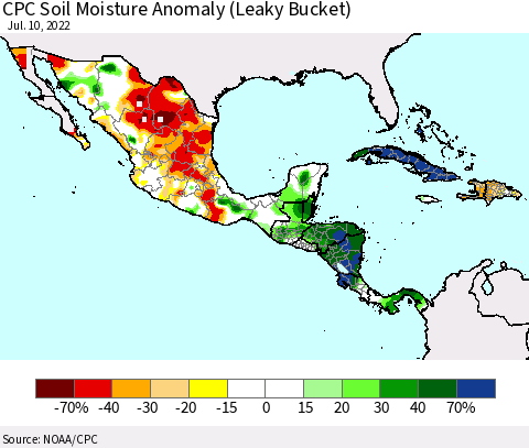 Mexico Central America and the Caribbean CPC Soil Moisture Anomaly (Leaky Bucket) Thematic Map For 7/6/2022 - 7/10/2022