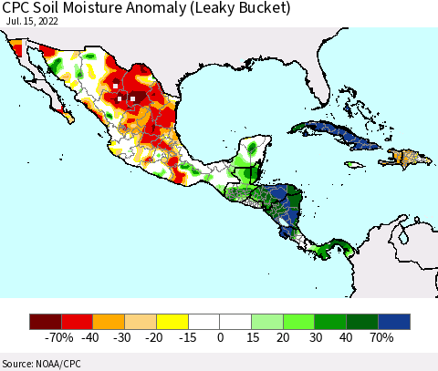 Mexico Central America and the Caribbean CPC Soil Moisture Anomaly (Leaky Bucket) Thematic Map For 7/11/2022 - 7/15/2022
