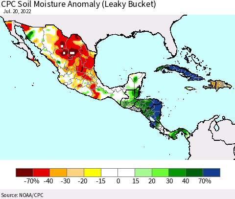 Mexico Central America and the Caribbean CPC Soil Moisture Anomaly (Leaky Bucket) Thematic Map For 7/16/2022 - 7/20/2022
