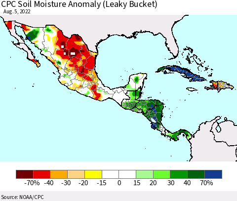 Mexico Central America and the Caribbean CPC Soil Moisture Anomaly (Leaky Bucket) Thematic Map For 8/1/2022 - 8/5/2022