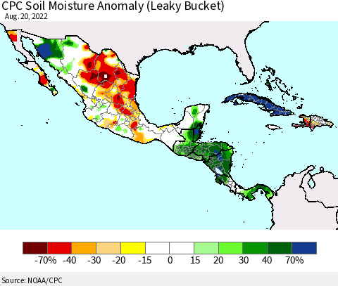 Mexico Central America and the Caribbean CPC Soil Moisture Anomaly (Leaky Bucket) Thematic Map For 8/16/2022 - 8/20/2022