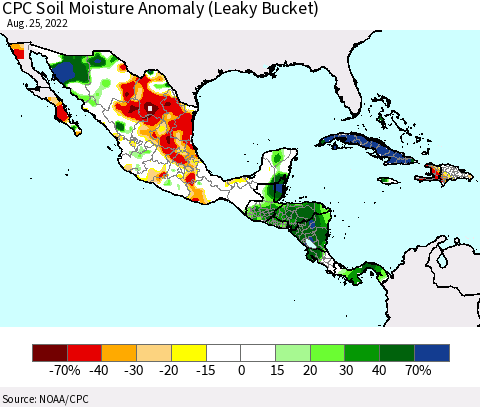 Mexico Central America and the Caribbean CPC Soil Moisture Anomaly (Leaky Bucket) Thematic Map For 8/21/2022 - 8/25/2022