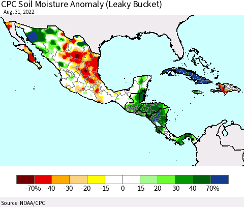 Mexico Central America and the Caribbean CPC Soil Moisture Anomaly (Leaky Bucket) Thematic Map For 8/26/2022 - 8/31/2022