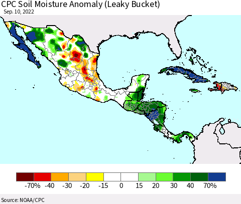 Mexico Central America and the Caribbean CPC Soil Moisture Anomaly (Leaky Bucket) Thematic Map For 9/6/2022 - 9/10/2022