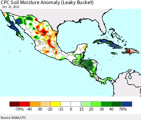 Mexico Central America and the Caribbean CPC Soil Moisture Anomaly (Leaky Bucket) Thematic Map For 10/21/2022 - 10/25/2022