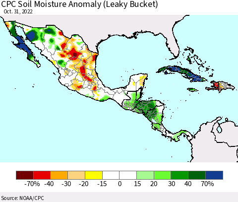 Mexico Central America and the Caribbean CPC Soil Moisture Anomaly (Leaky Bucket) Thematic Map For 10/26/2022 - 10/31/2022