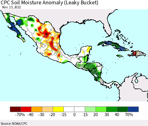 Mexico Central America and the Caribbean CPC Soil Moisture Anomaly (Leaky Bucket) Thematic Map For 11/11/2022 - 11/15/2022