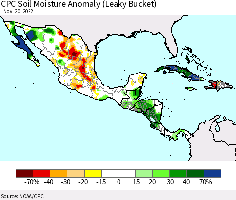 Mexico Central America and the Caribbean CPC Soil Moisture Anomaly (Leaky Bucket) Thematic Map For 11/16/2022 - 11/20/2022