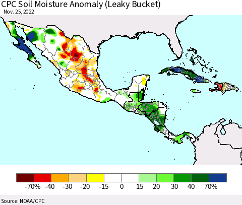 Mexico Central America and the Caribbean CPC Soil Moisture Anomaly (Leaky Bucket) Thematic Map For 11/21/2022 - 11/25/2022