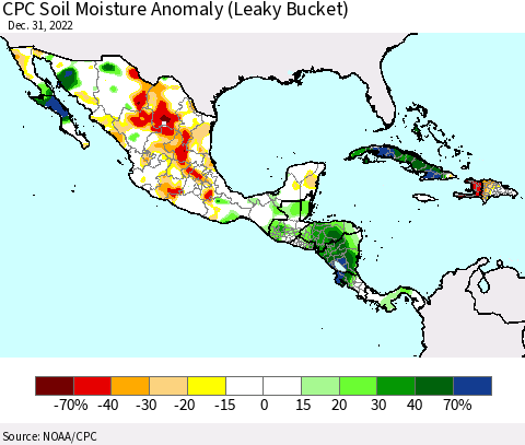 Mexico Central America and the Caribbean CPC Soil Moisture Anomaly (Leaky Bucket) Thematic Map For 12/26/2022 - 12/31/2022
