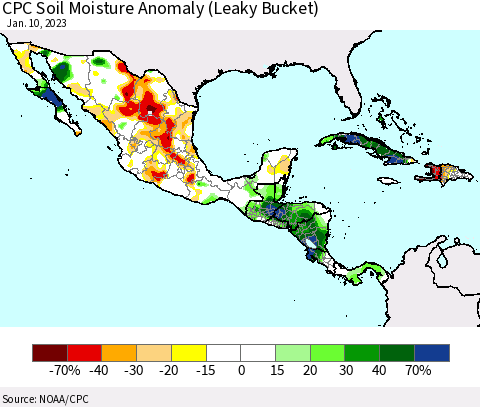 Mexico Central America and the Caribbean CPC Soil Moisture Anomaly (Leaky Bucket) Thematic Map For 1/6/2023 - 1/10/2023