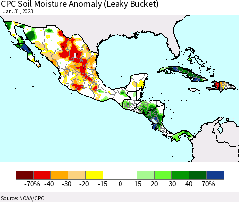 Mexico Central America and the Caribbean CPC Soil Moisture Anomaly (Leaky Bucket) Thematic Map For 1/26/2023 - 1/31/2023