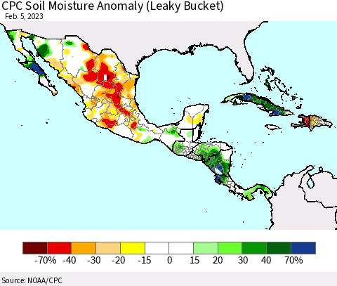 Mexico Central America and the Caribbean CPC Soil Moisture Anomaly (Leaky Bucket) Thematic Map For 2/1/2023 - 2/5/2023