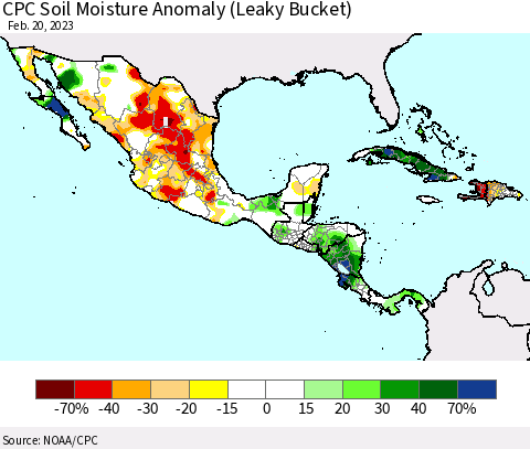 Mexico Central America and the Caribbean CPC Soil Moisture Anomaly (Leaky Bucket) Thematic Map For 2/16/2023 - 2/20/2023