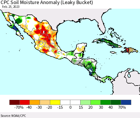 Mexico Central America and the Caribbean CPC Soil Moisture Anomaly (Leaky Bucket) Thematic Map For 2/21/2023 - 2/25/2023