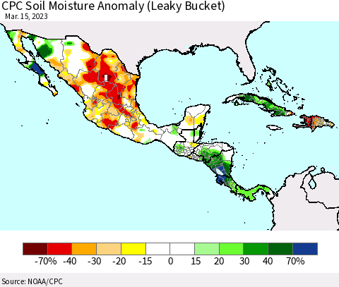 Mexico Central America and the Caribbean CPC Soil Moisture Anomaly (Leaky Bucket) Thematic Map For 3/11/2023 - 3/15/2023