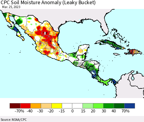Mexico Central America and the Caribbean CPC Soil Moisture Anomaly (Leaky Bucket) Thematic Map For 3/21/2023 - 3/25/2023