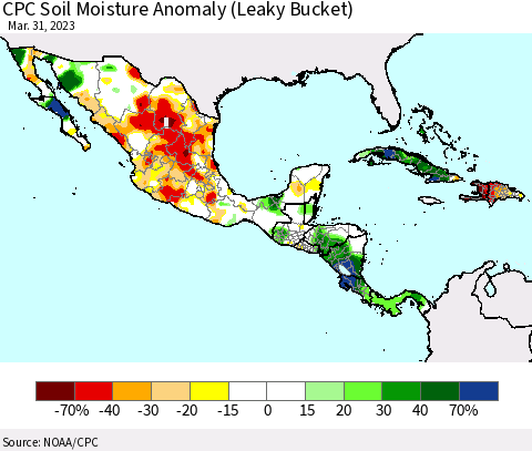 Mexico Central America and the Caribbean CPC Soil Moisture Anomaly (Leaky Bucket) Thematic Map For 3/26/2023 - 3/31/2023