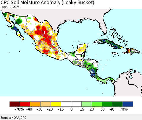 Mexico Central America and the Caribbean CPC Soil Moisture Anomaly (Leaky Bucket) Thematic Map For 4/6/2023 - 4/10/2023