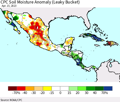 Mexico Central America and the Caribbean CPC Soil Moisture Anomaly (Leaky Bucket) Thematic Map For 4/11/2023 - 4/15/2023