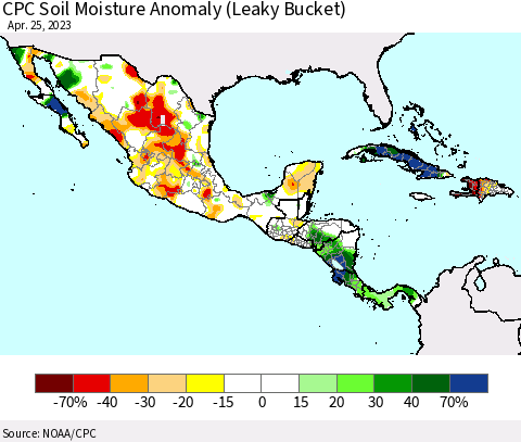 Mexico Central America and the Caribbean CPC Soil Moisture Anomaly (Leaky Bucket) Thematic Map For 4/21/2023 - 4/25/2023
