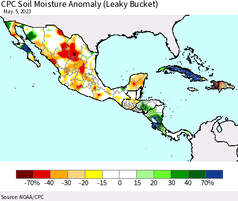 Mexico Central America and the Caribbean CPC Soil Moisture Anomaly (Leaky Bucket) Thematic Map For 5/1/2023 - 5/5/2023