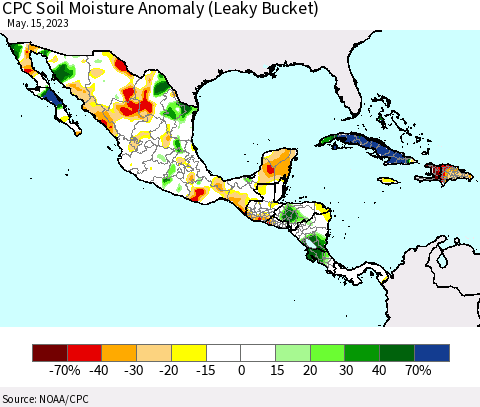 Mexico Central America and the Caribbean CPC Soil Moisture Anomaly (Leaky Bucket) Thematic Map For 5/11/2023 - 5/15/2023