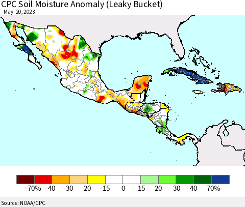 Mexico Central America and the Caribbean CPC Soil Moisture Anomaly (Leaky Bucket) Thematic Map For 5/16/2023 - 5/20/2023