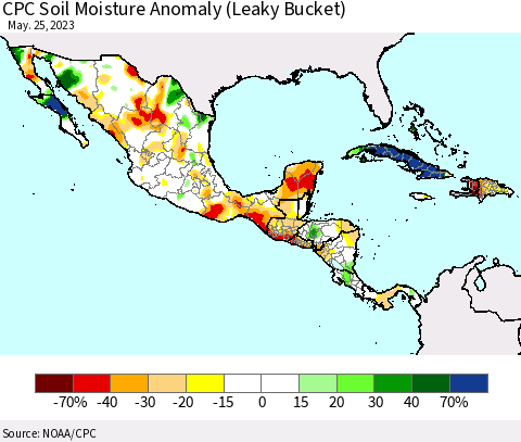 Mexico Central America and the Caribbean CPC Soil Moisture Anomaly (Leaky Bucket) Thematic Map For 5/21/2023 - 5/25/2023