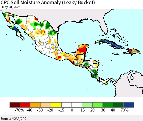 Mexico Central America and the Caribbean CPC Soil Moisture Anomaly (Leaky Bucket) Thematic Map For 5/26/2023 - 5/31/2023