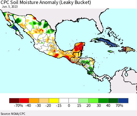 Mexico Central America and the Caribbean CPC Soil Moisture Anomaly (Leaky Bucket) Thematic Map For 6/1/2023 - 6/5/2023