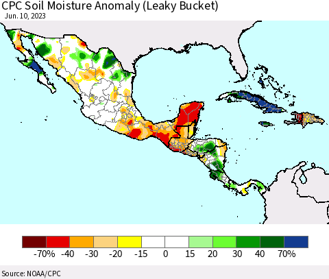 Mexico Central America and the Caribbean CPC Soil Moisture Anomaly (Leaky Bucket) Thematic Map For 6/6/2023 - 6/10/2023
