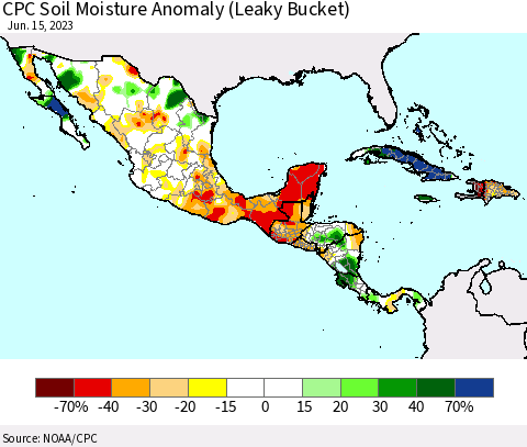 Mexico Central America and the Caribbean CPC Soil Moisture Anomaly (Leaky Bucket) Thematic Map For 6/11/2023 - 6/15/2023