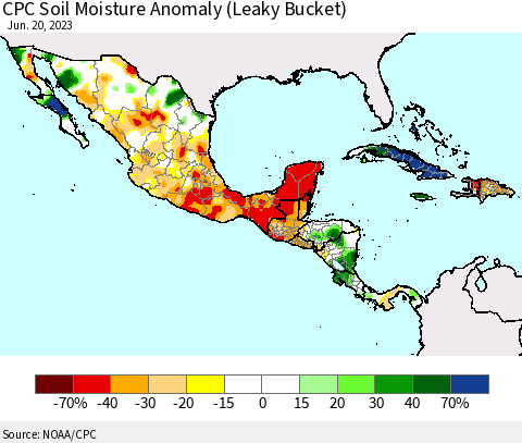 Mexico Central America and the Caribbean CPC Soil Moisture Anomaly (Leaky Bucket) Thematic Map For 6/16/2023 - 6/20/2023