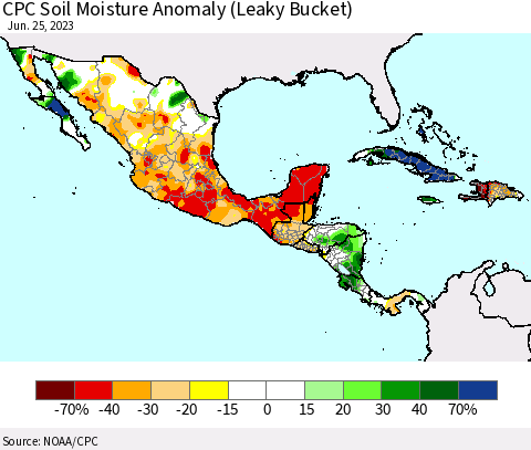 Mexico Central America and the Caribbean CPC Soil Moisture Anomaly (Leaky Bucket) Thematic Map For 6/21/2023 - 6/25/2023